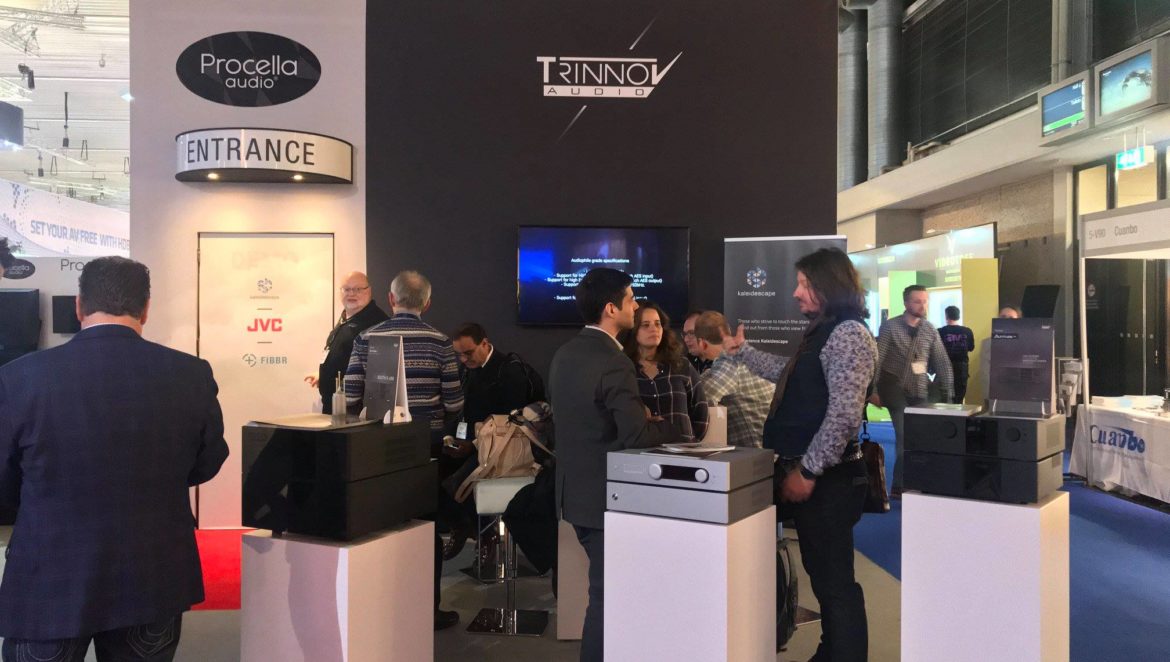 Visitors at the Trinnov exhibit during ISE in Amsterdam in 2018