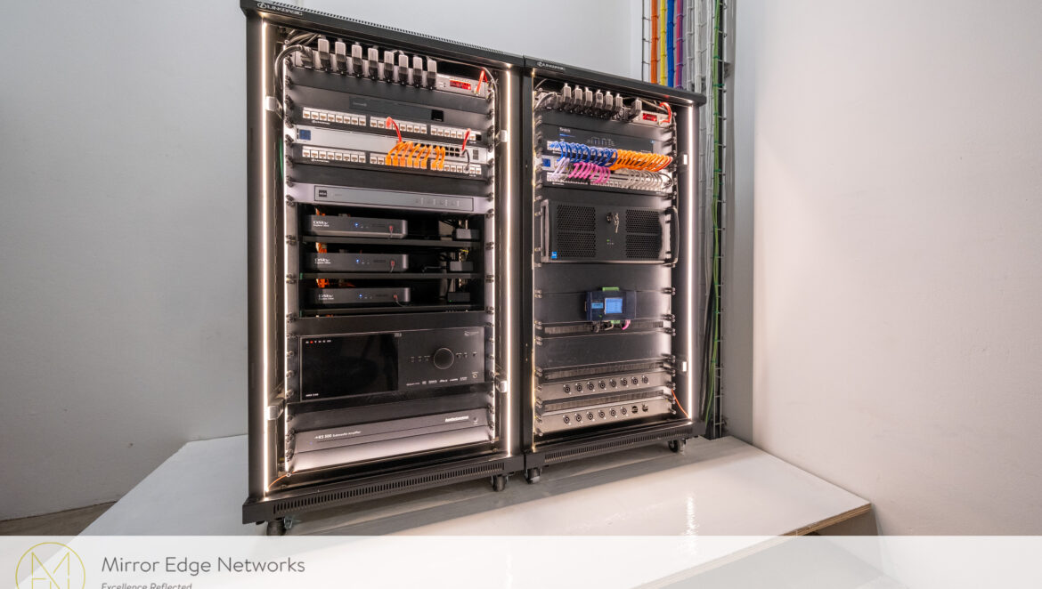 Mirror Edge Networks AV and home network equipment rack with organised cabling